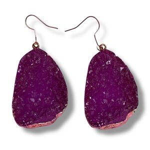 Purple Druzy Tear Drop Edged in Gold Plating Earrings